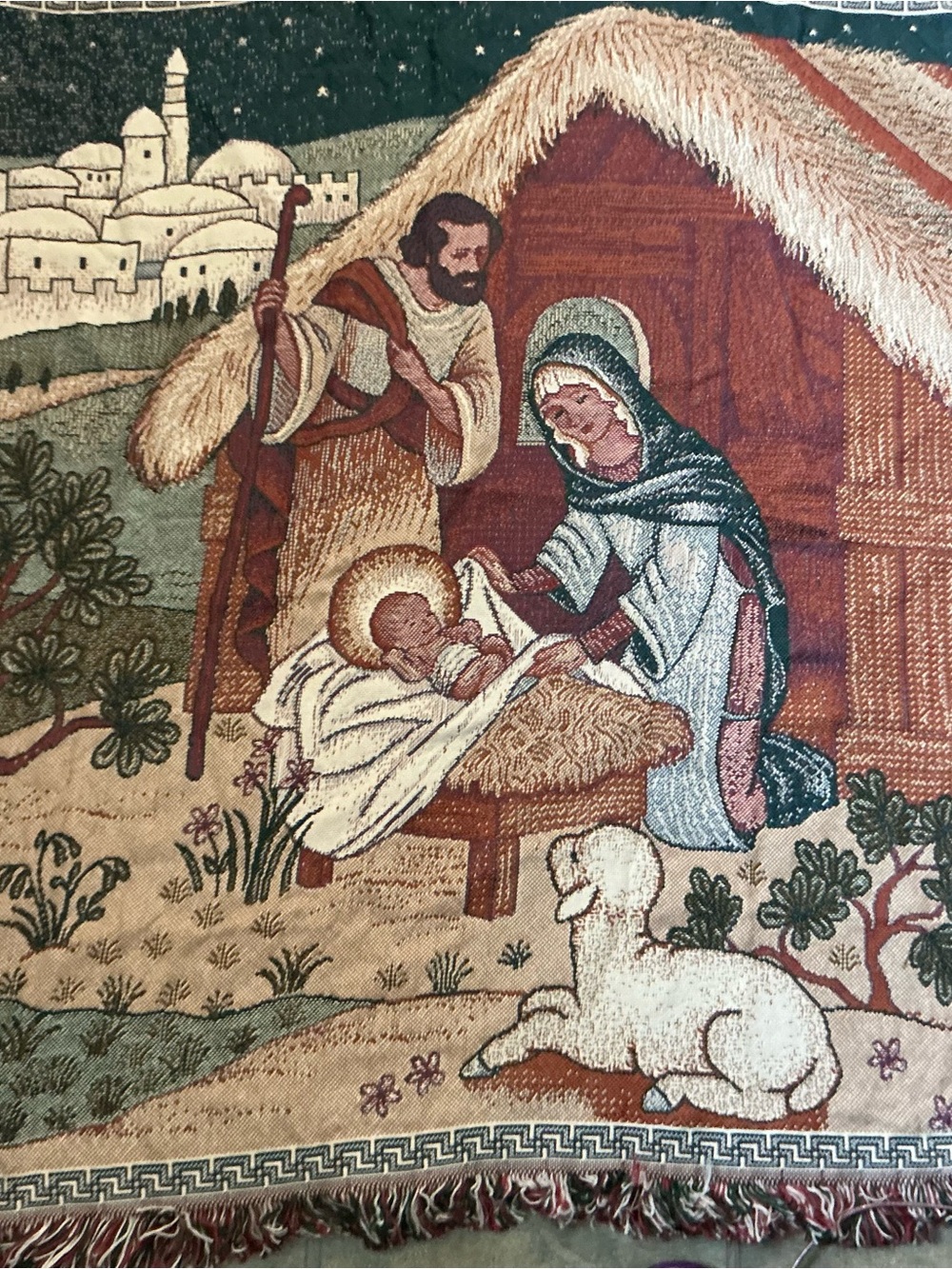Classic Nativity Tapestry Throw - Beige, Brown, Green